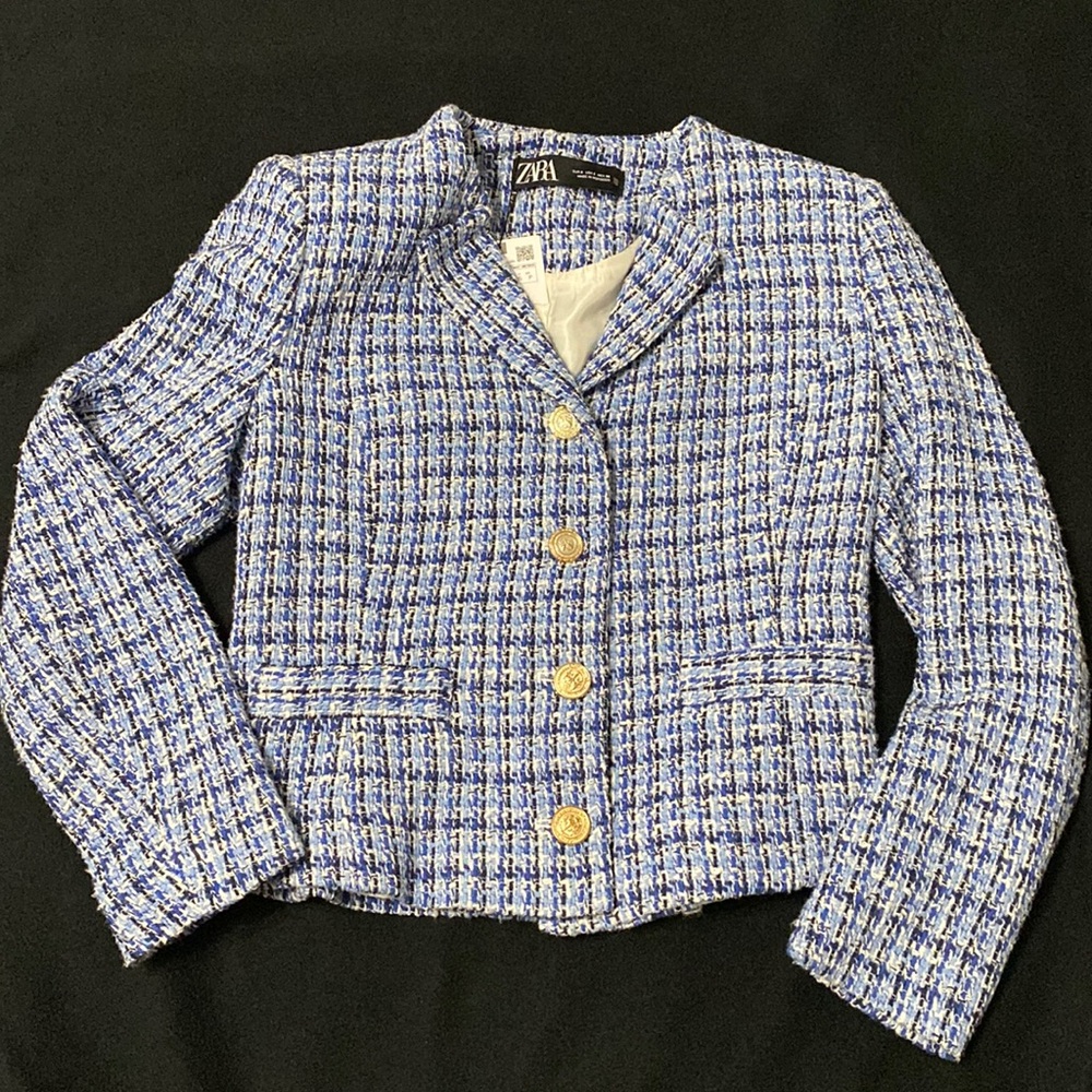 Zara tweed blue blazer, S, NWT